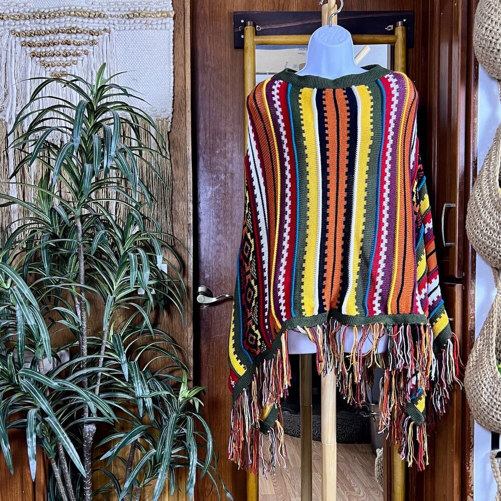 Multicolor Striped Knit Poncho Womens OS Southwestern Fringe Boho Western Cape